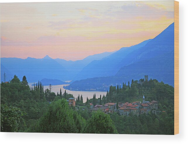 Scenics Wood Print featuring the photograph Evening Light Over Lake Como And Castle by Kathy Collins