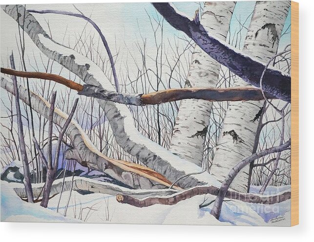 Birch Trees Wood Print featuring the painting Fallen Birch trees after the snowstorm in watercolor by Christopher Shellhammer