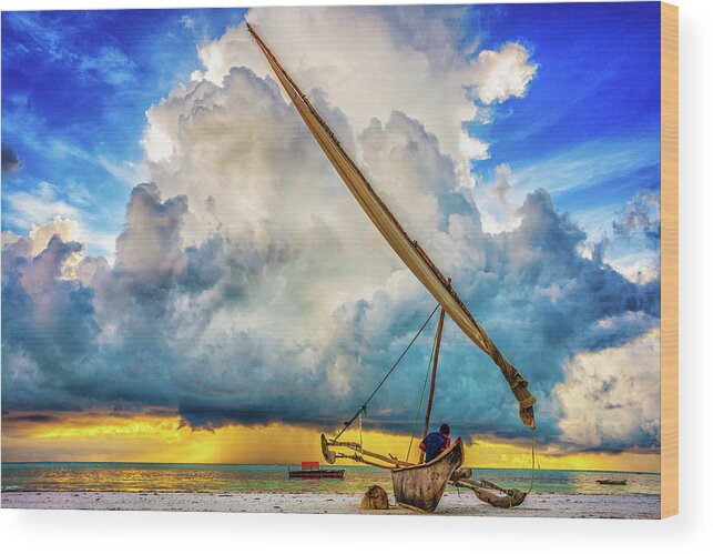Scenics Wood Print featuring the photograph Fisherman Watching Storm Cloud, Zanzibar by Adamjasonmoore.com