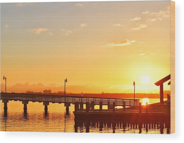 Landscape Wood Print featuring the photograph Fishing Pier at Sunrise by Vicki Lewis