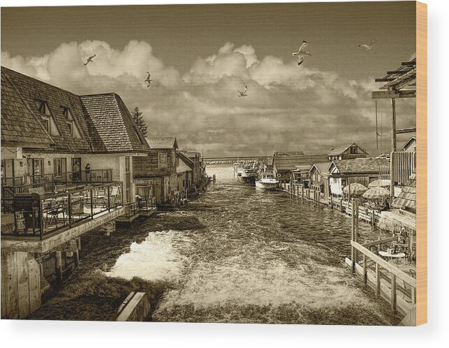 Vacation Wood Print featuring the photograph Fishtown in Leland Michigan in Sepia Tone by Randall Nyhof