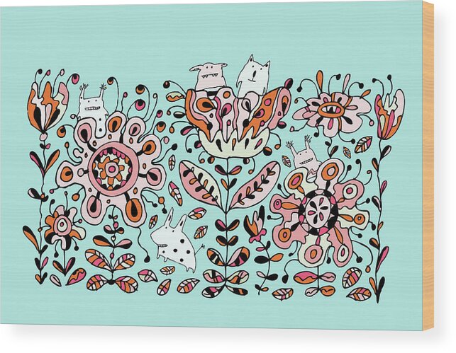 Monsters Wood Print featuring the digital art Flower Monsters by Carla Martell
