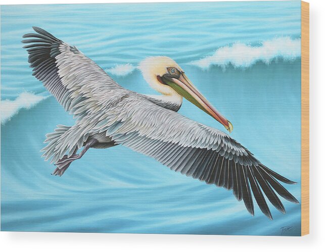 Pelican Wood Print featuring the painting Flying Pelican by Tish Wynne