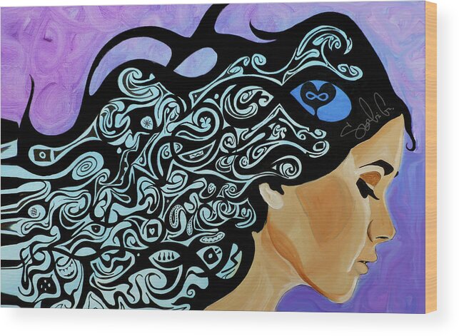Hair Tribal Woman Lady Female Girl Beauty Makeup Beautiful Purple Pink Love Colorful Abstract Contrast Sad Happy Flow Color Wood Print featuring the painting Forever Love by Sergio Gutierrez