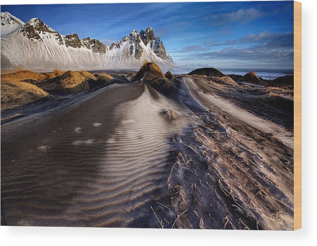 Vestrahorn Wood Print featuring the photograph Frosted Dunes And Shattered Peaks by Trevor Cole