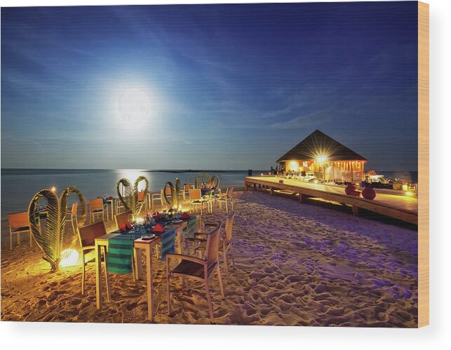 Beach Hut Wood Print featuring the photograph Full Moon Dinner - Vilamendhoo Island by Cinoby