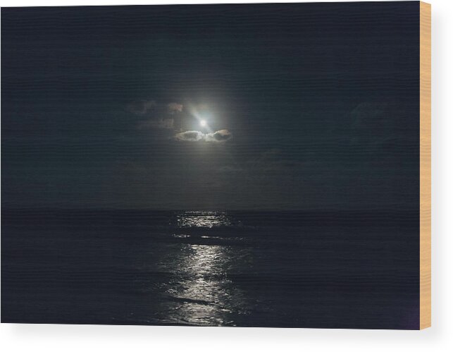 Scenics Wood Print featuring the photograph Full Moon Through Clouds Over The Ocean by Sasha Weleber