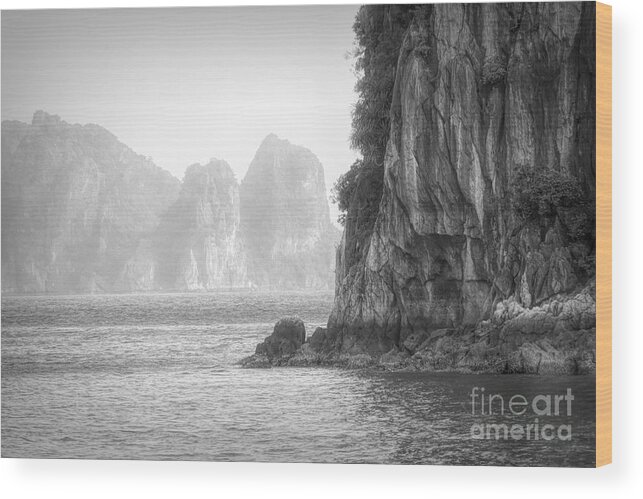 Vietnam Wood Print featuring the photograph Gigantic Limestone Black White Ha Long Bay Vietnam by Chuck Kuhn