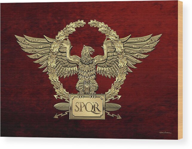 ‘treasures Of Rome’ Collection By Serge Averbukh Wood Print featuring the digital art Gold Roman Imperial Eagle - S P Q R Special Edition over Red Velvet by Serge Averbukh