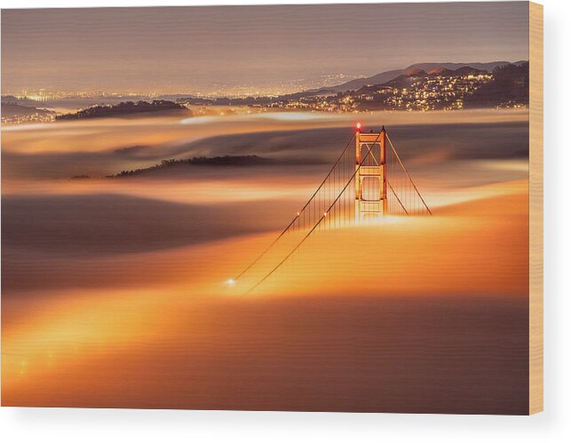 Night Wood Print featuring the photograph Golden Gate Bridge Covered By Low Fog. by Jennie Jiang