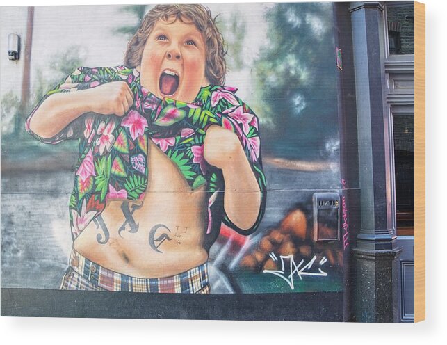 Graffiti Art Painting Wood Print featuring the photograph Graffiti art painting of Chunk from the Goonies by Raymond Hill