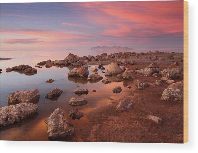 Utah Wood Print featuring the photograph Great Salt Lake Sunset Glow - Great Salt Lake, Utah by Brett Pelletier