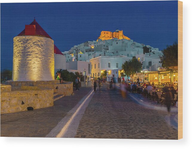 Estock Wood Print featuring the digital art Greece, Aegean Islands, Dodecanese, Mediterranean Sea, Aegean Sea, Greek Islands, Astypalaia Island, View Of The Chora Of Astypalea At Sunset With A Glimpse Of The Windmills by Giorgio Filippini