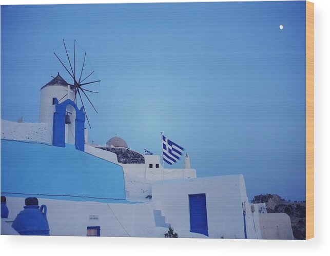 Tranquility Wood Print featuring the photograph Greece National Flag Flying In Santorini by Vickie Abby@macau - Flickr.com/vickieabby/