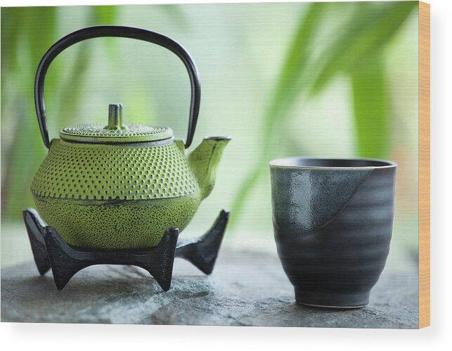 Bamboo Wood Print featuring the photograph Green Tea And Cast Iron Teapot by Marsbars