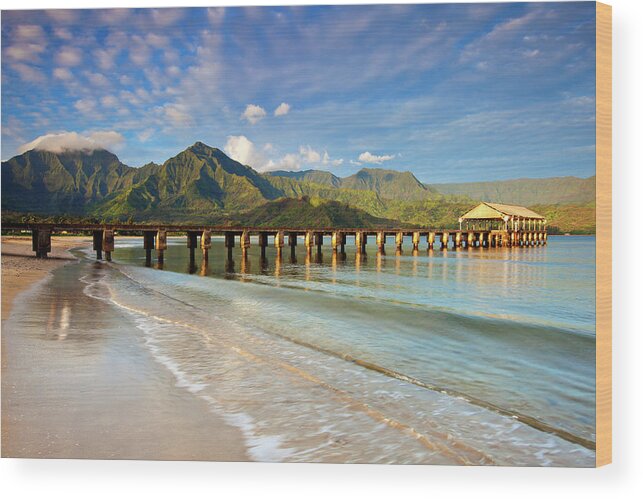 Summer Wood Print featuring the photograph Hanalei Bay Pier Beach by M Swiet Productions