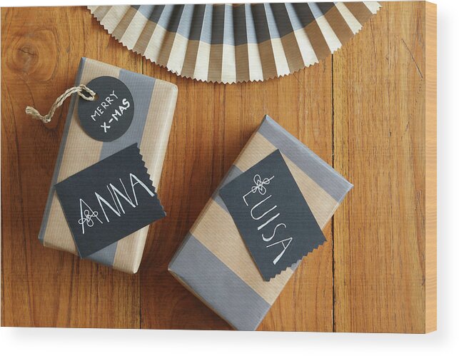 Hand-written Name Tags On Wrapped Gifts Wood Print by Regina