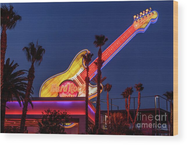 Las Vegas Strip Wood Print featuring the photograph Hard Rock Casino Con Air Guitar at Dusk From West by Aloha Art