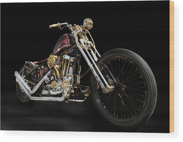 Harley Wood Print featuring the photograph Harley Chopper - gold air cleaner by Andy Romanoff