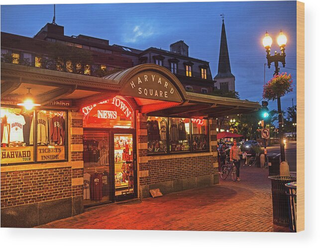 Harvard Wood Print featuring the photograph Harvard Square Cambridge MA at dusk by Toby McGuire