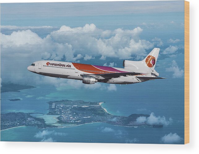 Hawaiian Airlines Wood Print featuring the mixed media Hawaiian Airlines L-1011 Over the Islands by Erik Simonsen