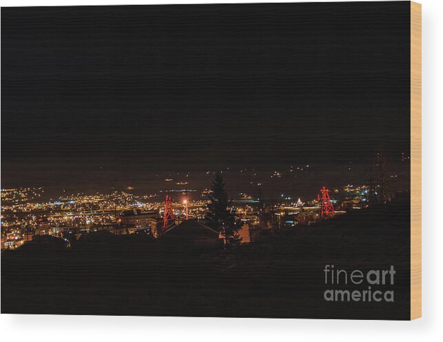 Butte Wood Print featuring the photograph Headframes Outlined in Red Lights by Sue Smith