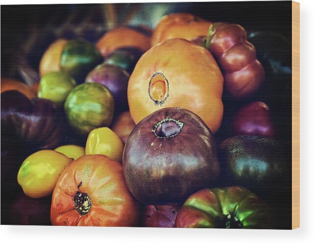 Fruit Wood Print featuring the photograph Heirloom Tomatoes at the Farmers Market by Scott Norris