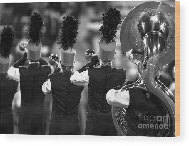 North America Wood Print featuring the photograph High School Trumpet and tuba players monochrome by Alan Look