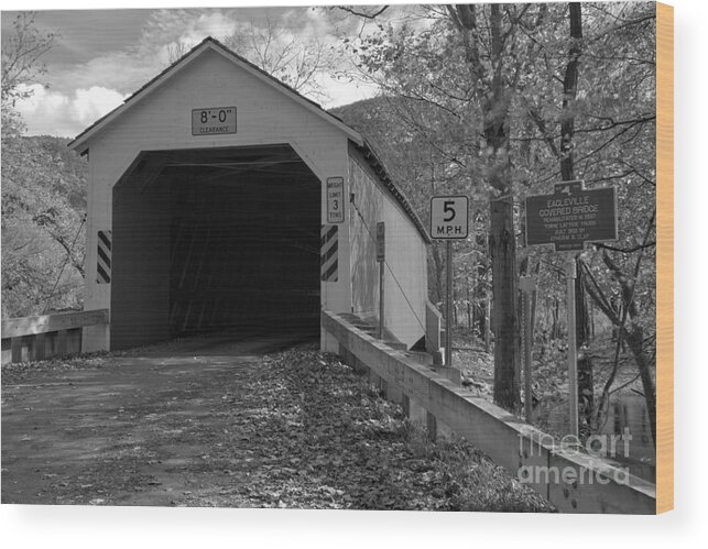 Eagleville Covered Bridge Wood Print featuring the photograph Historic Eagleville Covered Bridge Black And White by Adam Jewell
