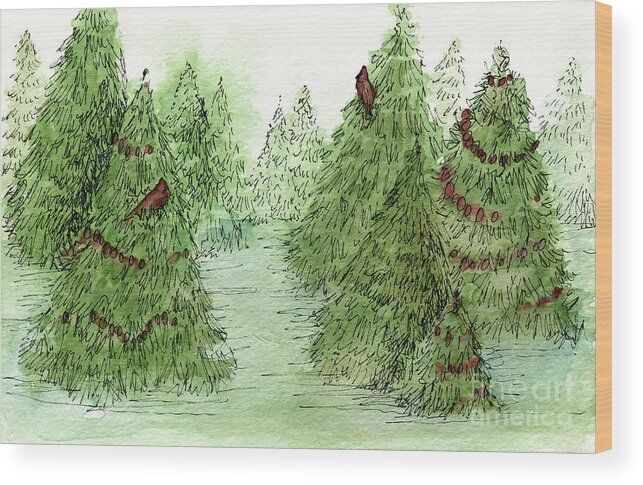 Holiday Trees Wood Print featuring the painting Holiday Trees Woodland Landscape Illustration by Laurie Rohner