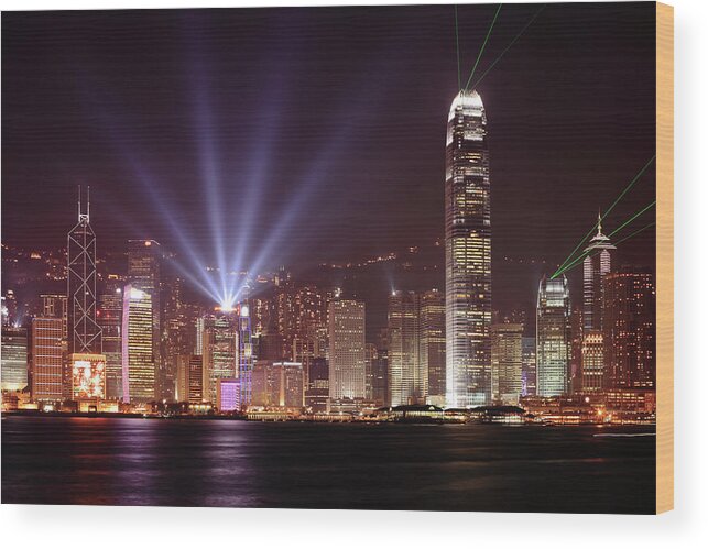 Chinese Culture Wood Print featuring the photograph Hong Kong Skyline At Night With Bright by Samxmeg