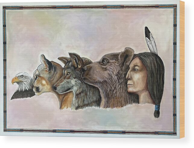 Native American Wood Print featuring the painting Hunter Warriors by Mr Dill