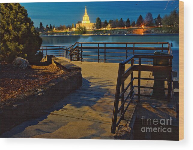 Idaho Falls Wood Print featuring the photograph Idaho Falls Riverwalk Temple View by Adam Jewell