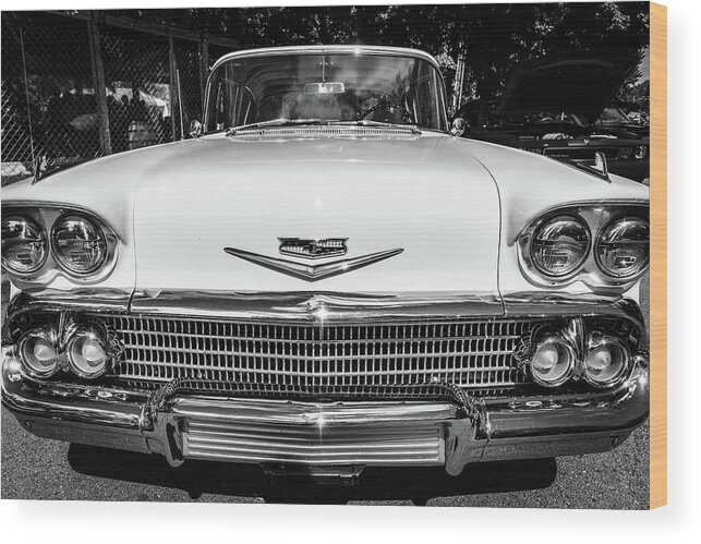 #impala #chevy #chevrolet #chevybelair #classicauto #car #cars #carinstagram #classiccars #classiccar #classiccaroftheday #classiccarsdaily #classiccarsworld #classicauto #chrome #headlights #bumper #vehicle #vehicles #vehicles_creative_pictures #carphotographer #autophotography #transporter #transportation #vintagecar Wood Print featuring the photograph Impala by Joseph Caban