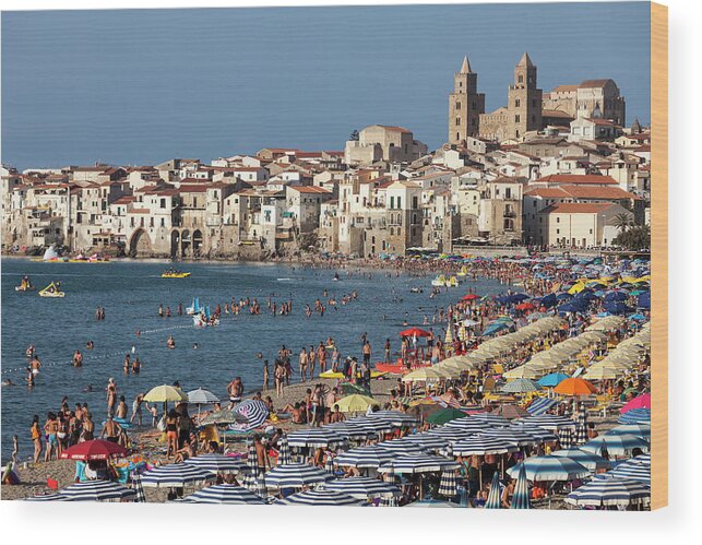Sicily Wood Print featuring the photograph Italy, Sicily. Cefalu. Bathers On The by Buena Vista Images