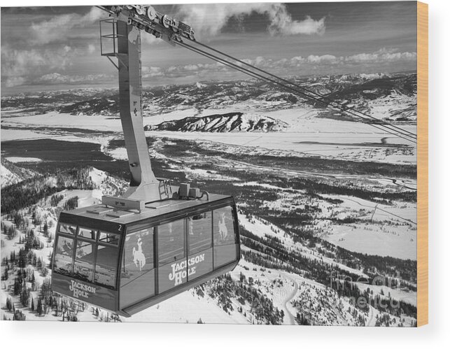 Jackson Hole Tram Wood Print featuring the photograph Jackson Hole Tram Black And White by Adam Jewell