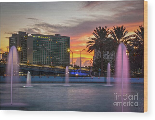 Sunrise Wood Print featuring the photograph JAX Cityscape Sunrise At The Fountains by DB Hayes