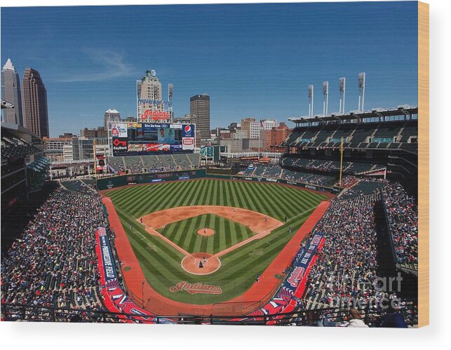 American League Baseball Wood Print featuring the photograph Kansas City Royals V Cleveland Indians by Joe Robbins