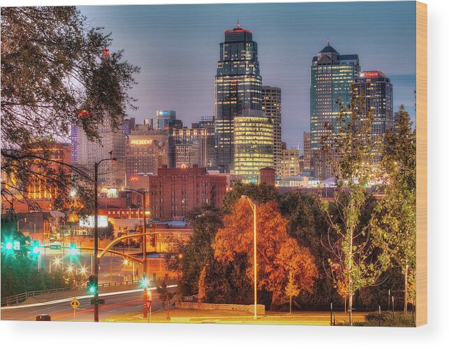 Clear Sky Wood Print featuring the photograph Kansas City Skyline At Sunset by Eric Bowers Photo