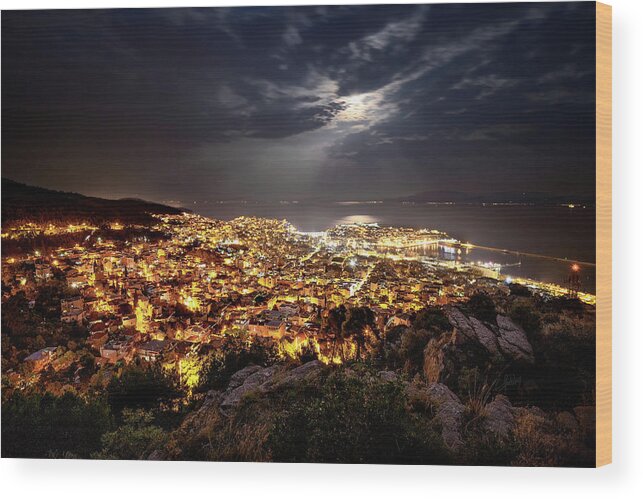 Kavala Wood Print featuring the photograph Kavala Under The Full Moon by Elias Pentikis