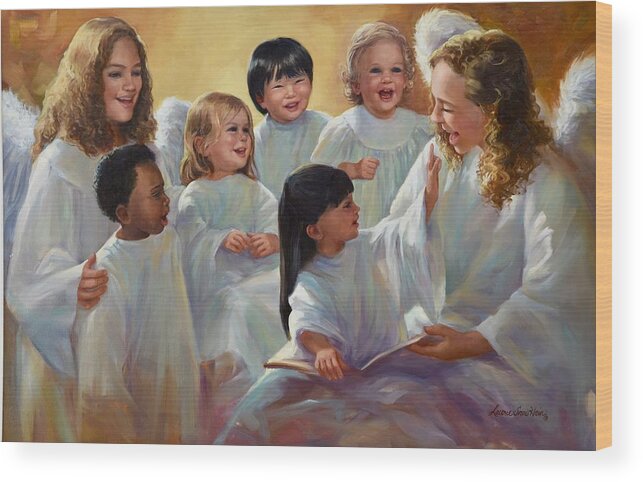 Kids Wood Print featuring the painting Kids Singing by Laurie Snow Hein