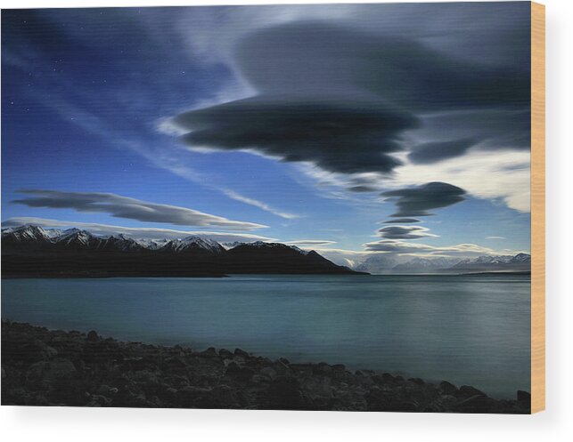 Landscape Wood Print featuring the photograph Lake Pukake And Mount Cook By Moonlight by James Symington Arps