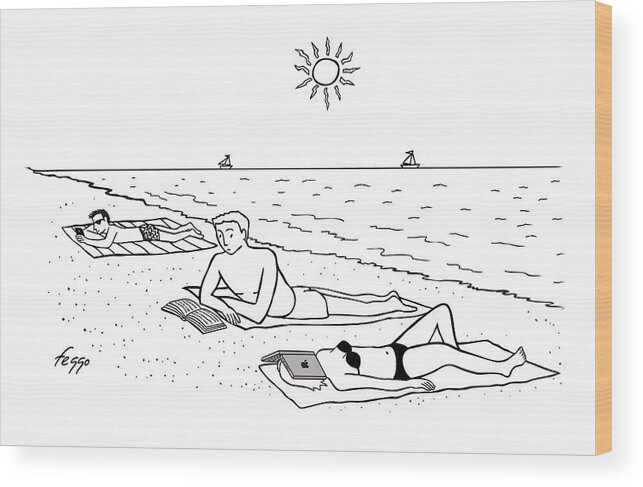 Captionless Wood Print featuring the drawing Laptop at the Beach by Felipe Galindo