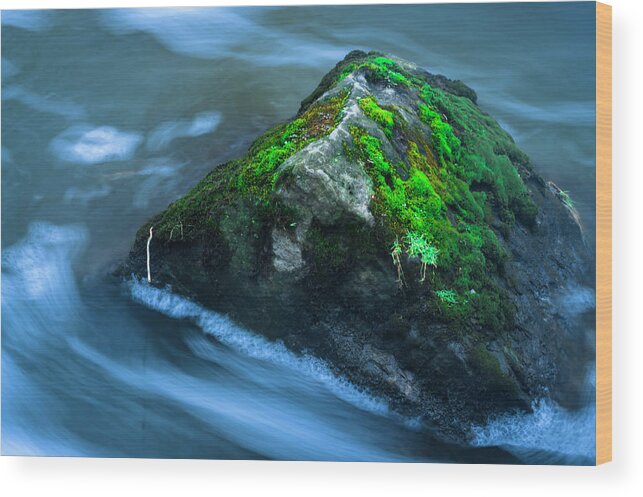 Large Moss Covered Rock Slow Swirling Water Wood Print featuring the photograph Large Moss Covered Rock Slow Swirling Water by Anthony Paladino
