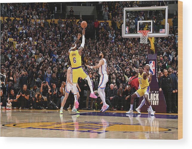 Lebron James Wood Print featuring the photograph LeBron James Shoots to Break the All-Time Scoring Record by Andrew D. Bernstein