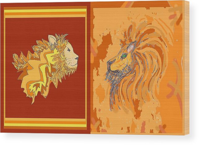 Lion Wood Print featuring the drawing Lion Pair hot by Julia Woodman