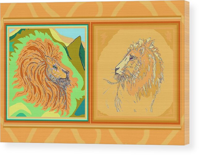 Lion Wood Print featuring the drawing Lion Pair warm by Julia Woodman