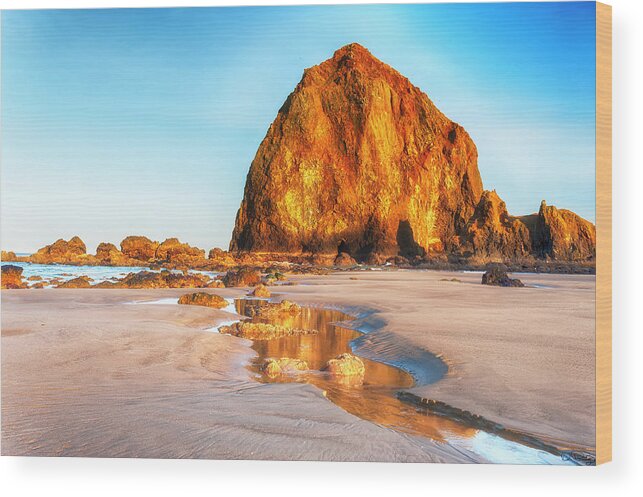 Haystack Rock Wood Print featuring the photograph Liquid Gold Path At Low Tide by Dee Browning