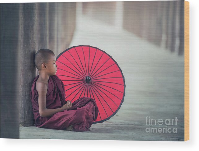 Asian And Indian Ethnicities Wood Print featuring the photograph Little Myanmar Monk Sitting In Monastery by Std