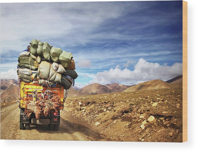 Scenics Wood Print featuring the photograph Loaded Truck With Bags In Himalaya by Nicole Kucera